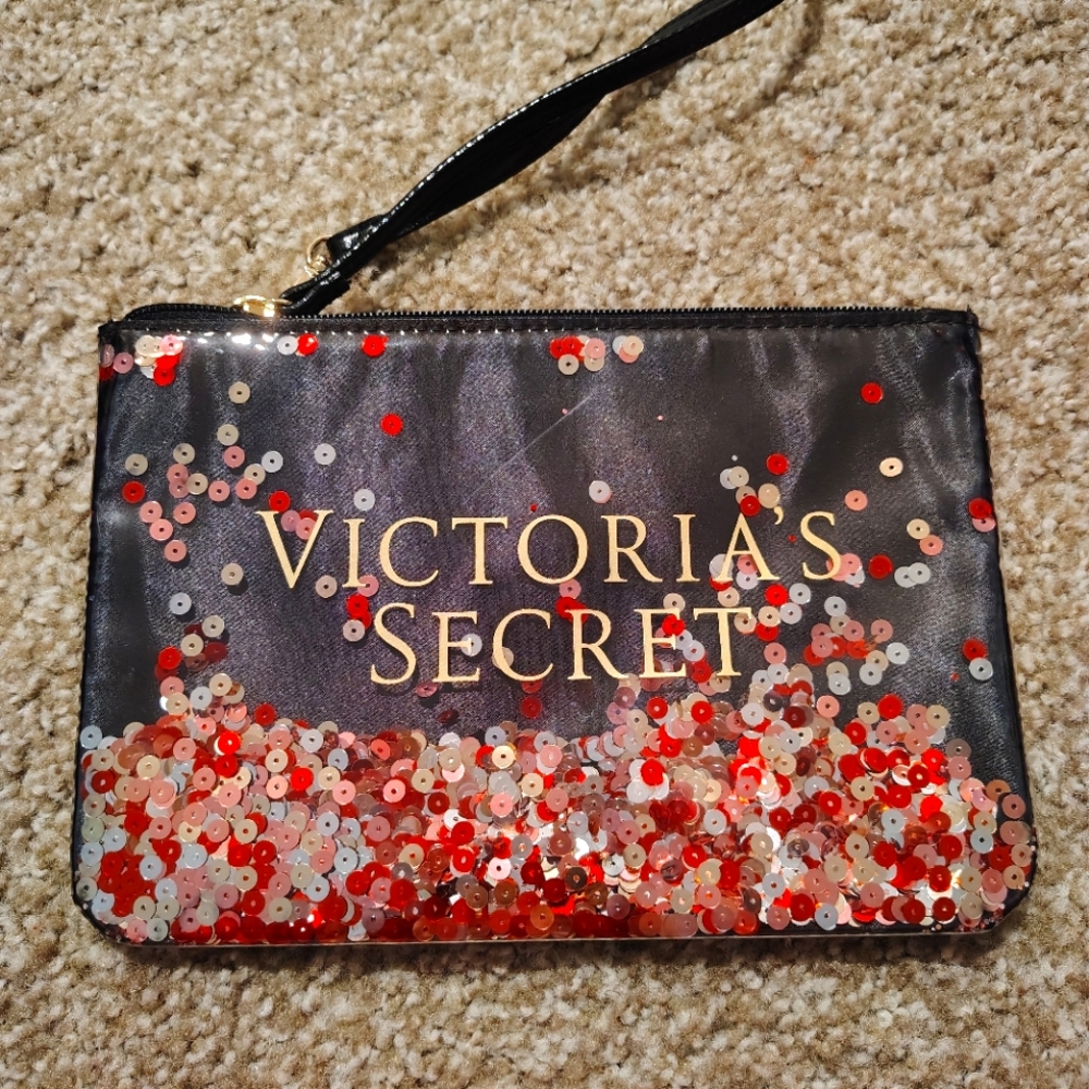 NWOT Victoria's Secret Black and Red Sequin Clutch with Wristlet Strap